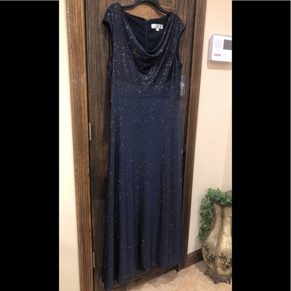 Women’s Formal Dress Size 16 Navy Glitter Shimmer Cap Sleeve Cowl Neck TAHARI - Picture 7 of 8